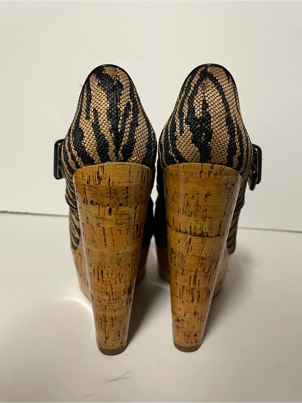 Christian Louboutin Black and Tan Zebra Cork Wedge Mary Jane Pumps 36